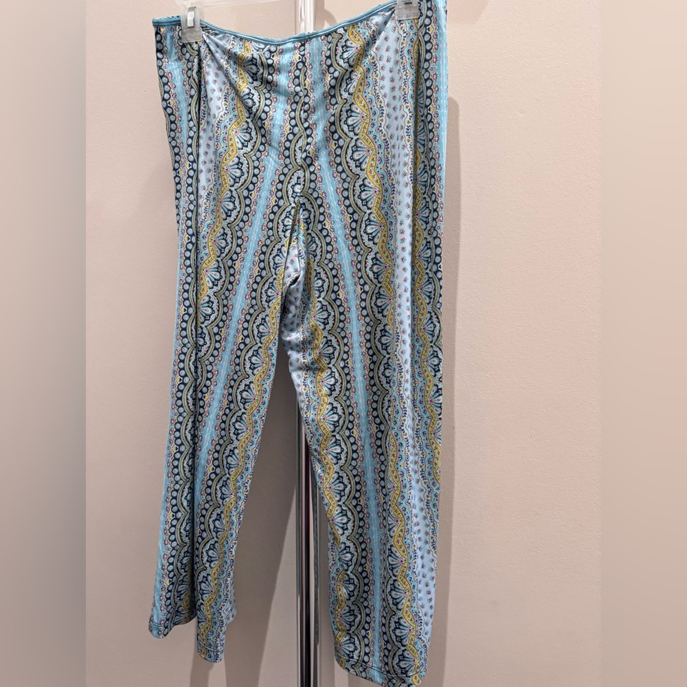 DKNY Light Blue Patterned Straight-Leg Pants with Yellow & Navy Accents